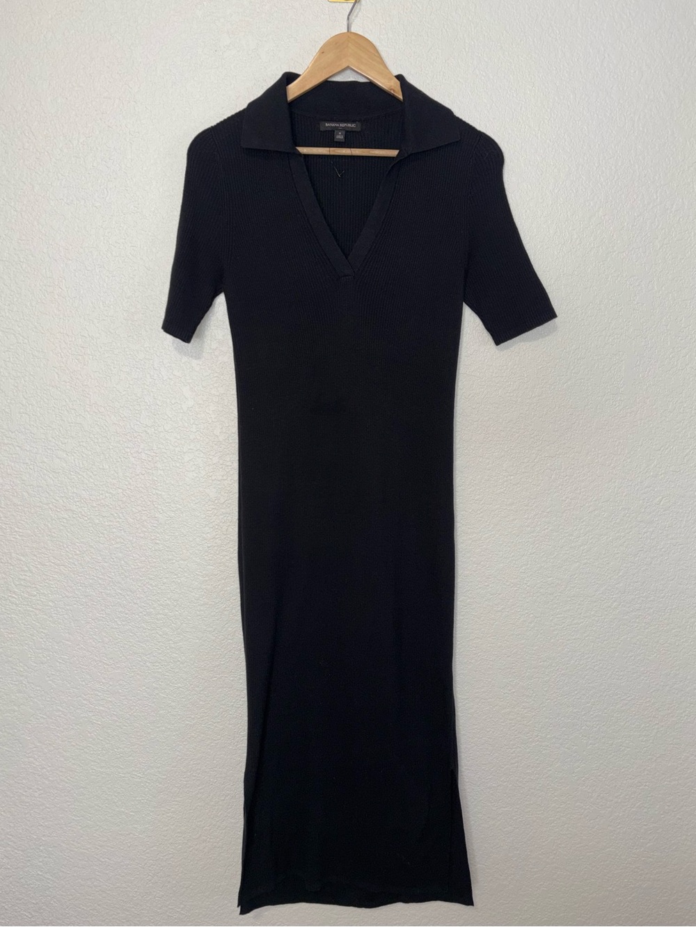 Banana Republic Rib Knit Polo Midi Dress Black Minimalist Size Small
